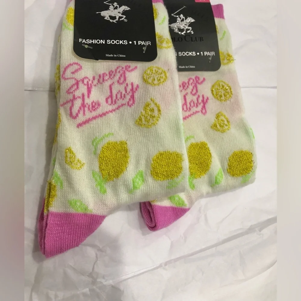 2pairs lemon print squeeze the day‎ cream & pink printed socks